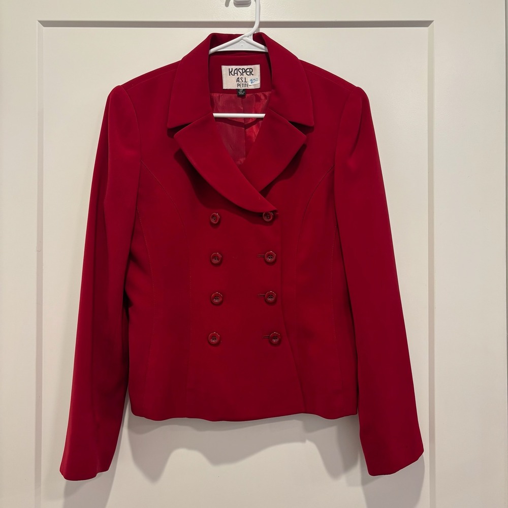Kasper ASL Petite Red Double Breasted Blazer Jacket Size 8P Notched Lapel